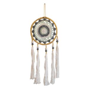 Dreamcatcher on bamboo frame, white tassels, grey green beige inner