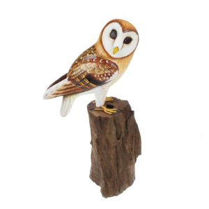 Barn owl on tree trunk, hand carved wooden